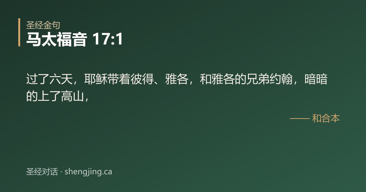 马太福音 17:1 经文图片:过了六天，耶稣带着彼得、雅各，和雅各的兄弟约翰，暗暗的上了高山，