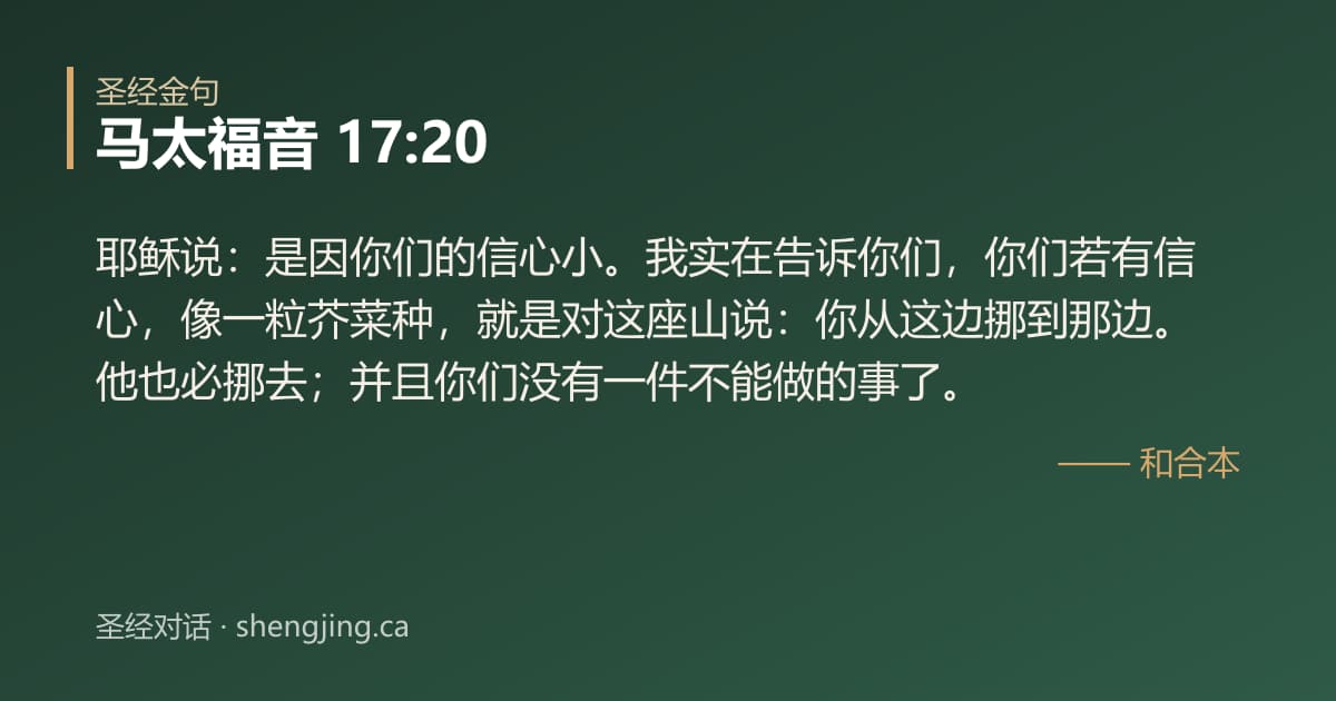 马太福音 17:20 经文图片:耶稣说：是因你们的信心小。我实在告诉你们，你们若有信心，像一粒芥菜种，就是对这座