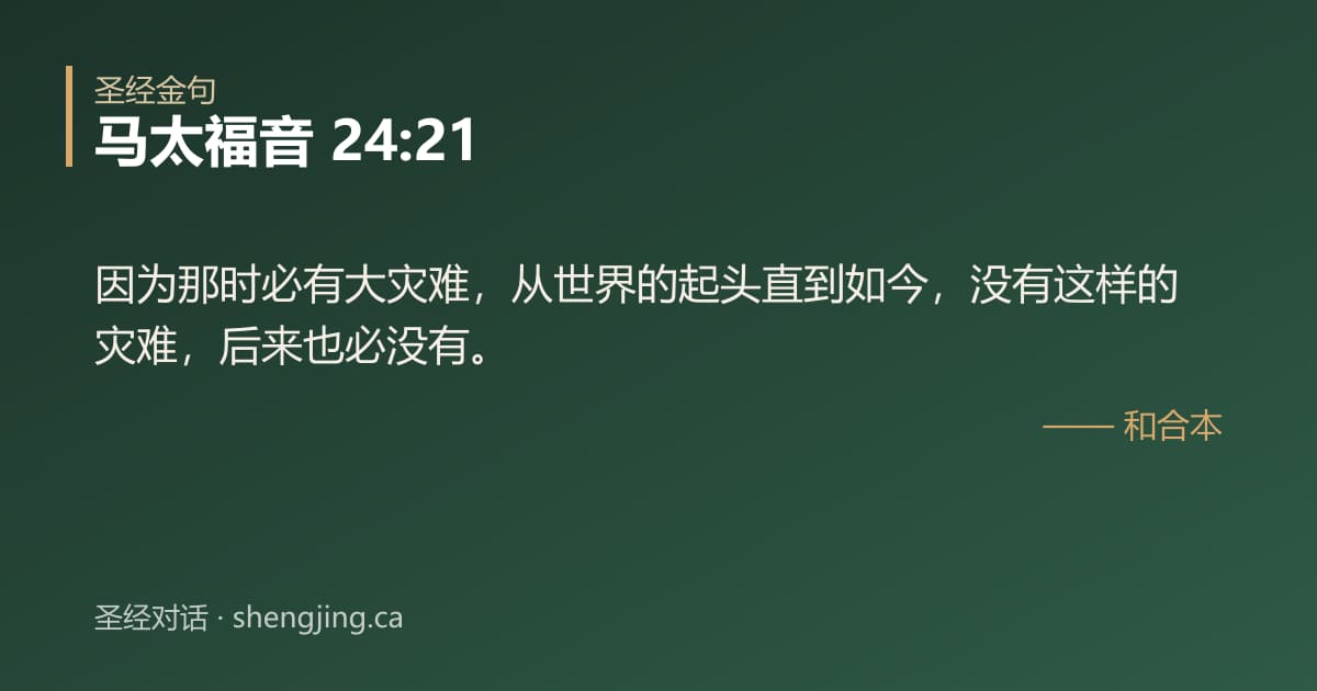 马太福音 24:21 经文图片:因为那时必有大灾难，从世界的起头直到如今，没有这样的灾难，后来也必没有。