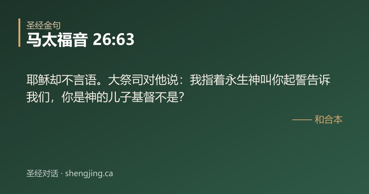 马太福音 26:63 经文图片:耶稣却不言语。大祭司对他说：我指着永生神叫你起誓告诉我们，你是神的儿子基督不是？
