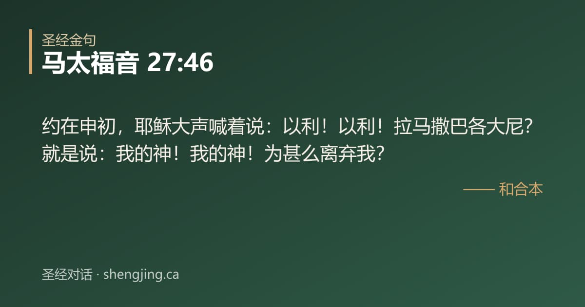 马太福音 27:46 经文图片:约在申初，耶稣大声喊着说：以利！以利！拉马撒巴各大尼？就是说：我的神！我的神！为