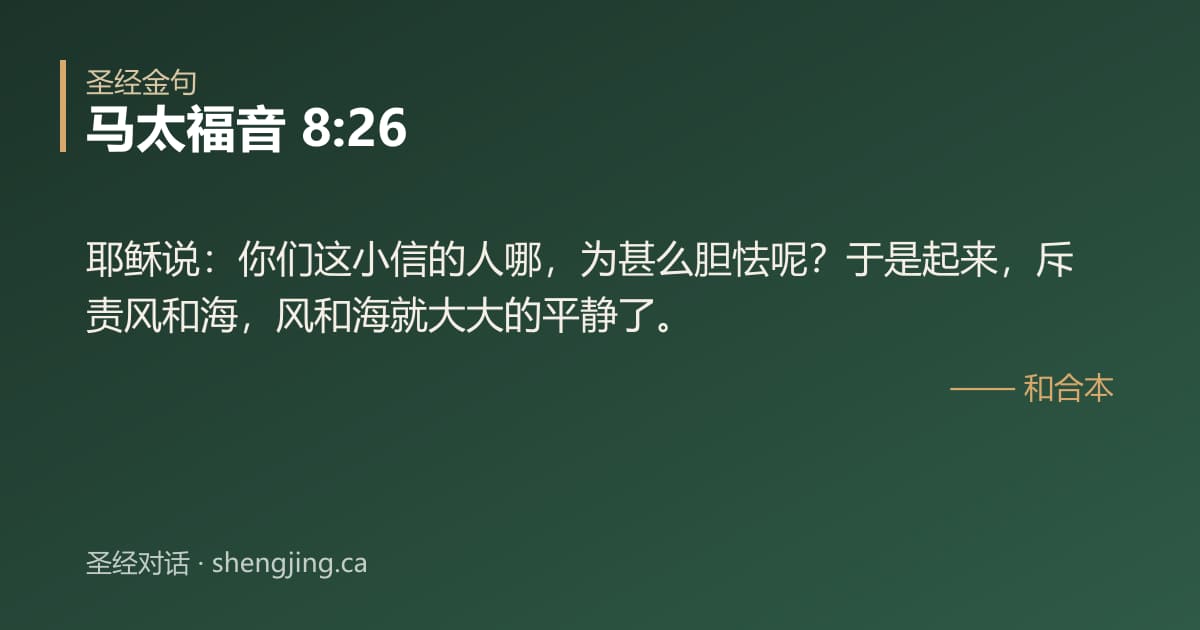 马太福音 8:26 经文图片:耶稣说：你们这小信的人哪，为甚么胆怯呢？于是起来，斥责风和海，风和海就大大的平静