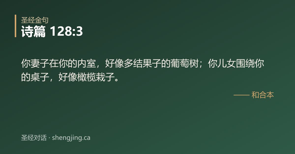 诗篇 128:3 经文图片:你妻子在你的内室，好像多结果子的葡萄树；你儿女围绕你的桌子，好像橄榄栽子。
