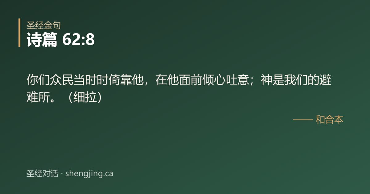 诗篇 62:8 经文图片:你们众民当时时倚靠他，在他面前倾心吐意；神是我们的避难所。（细拉）