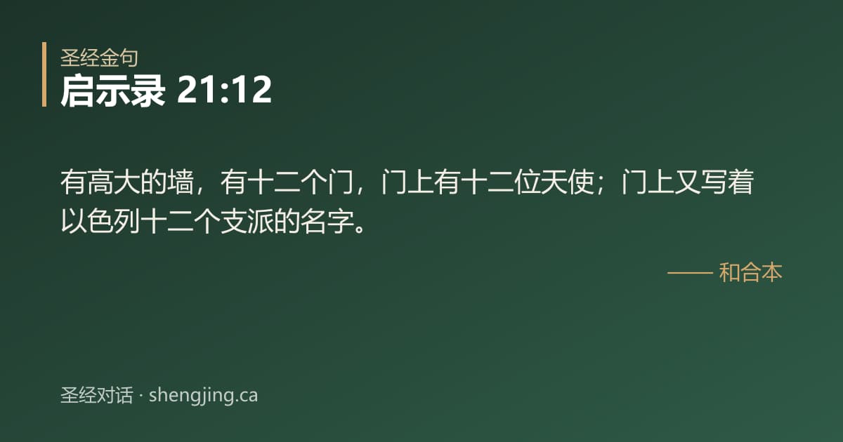 启示录 21:12 经文图片:有高大的墙，有十二个门，门上有十二位天使；门上又写着以色列十二个支派的名字。