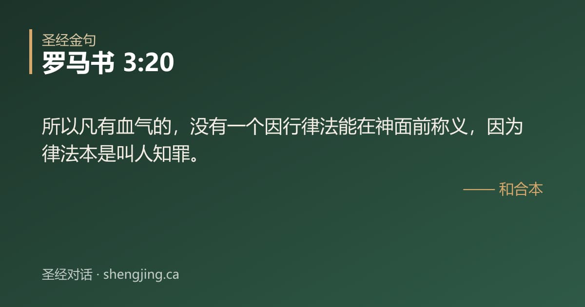 罗马书 3:20 经文图片:所以凡有血气的，没有一个因行律法能在神面前称义，因为律法本是叫人知罪。