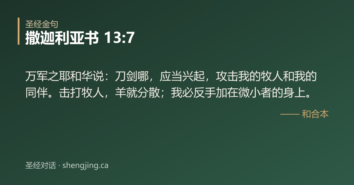 撒迦利亚书 13:7 经文图片:万军之耶和华说：刀剑哪，应当兴起，攻击我的牧人和我的同伴。击打牧人，羊就分散；我