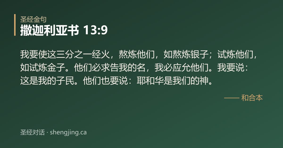 撒迦利亚书 13:9 经文图片:我要使这三分之一经火，熬炼他们，如熬炼银子；试炼他们，如试炼金子。他们必求告我的