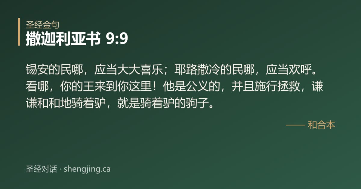 撒迦利亚书 9:9 经文图片:锡安的民哪，应当大大喜乐；耶路撒冷的民哪，应当欢呼。看哪，你的王来到你这里！他是