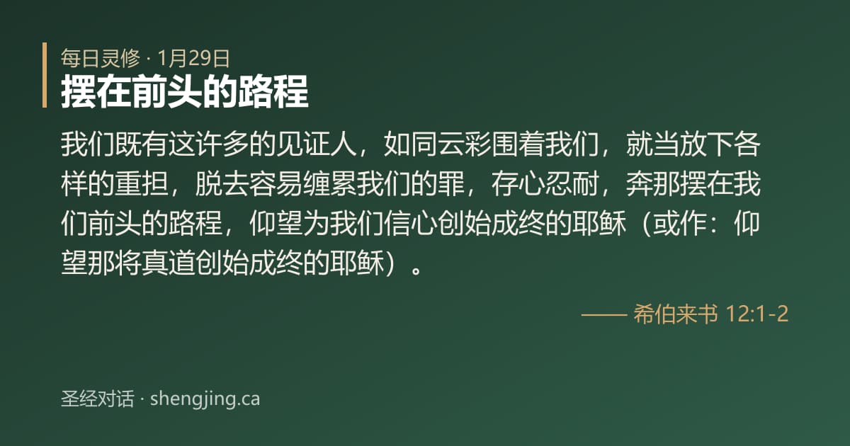 1月29日 每日灵修经文图片:摆在前头的路程(希伯来书 12:1-2)