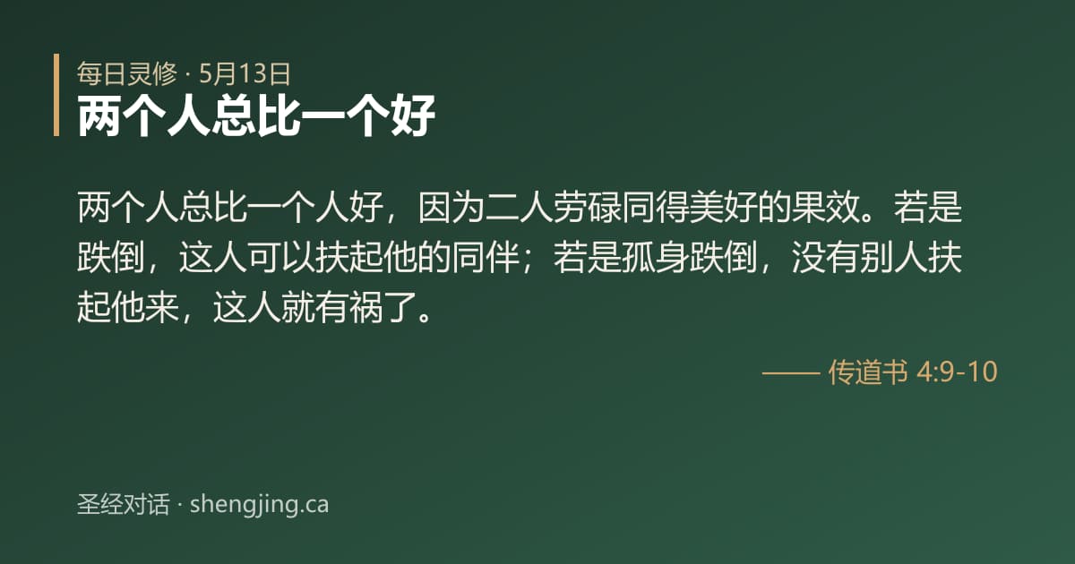 5月13日 每日灵修经文图片:两个人总比一个好(传道书 4:9-10)