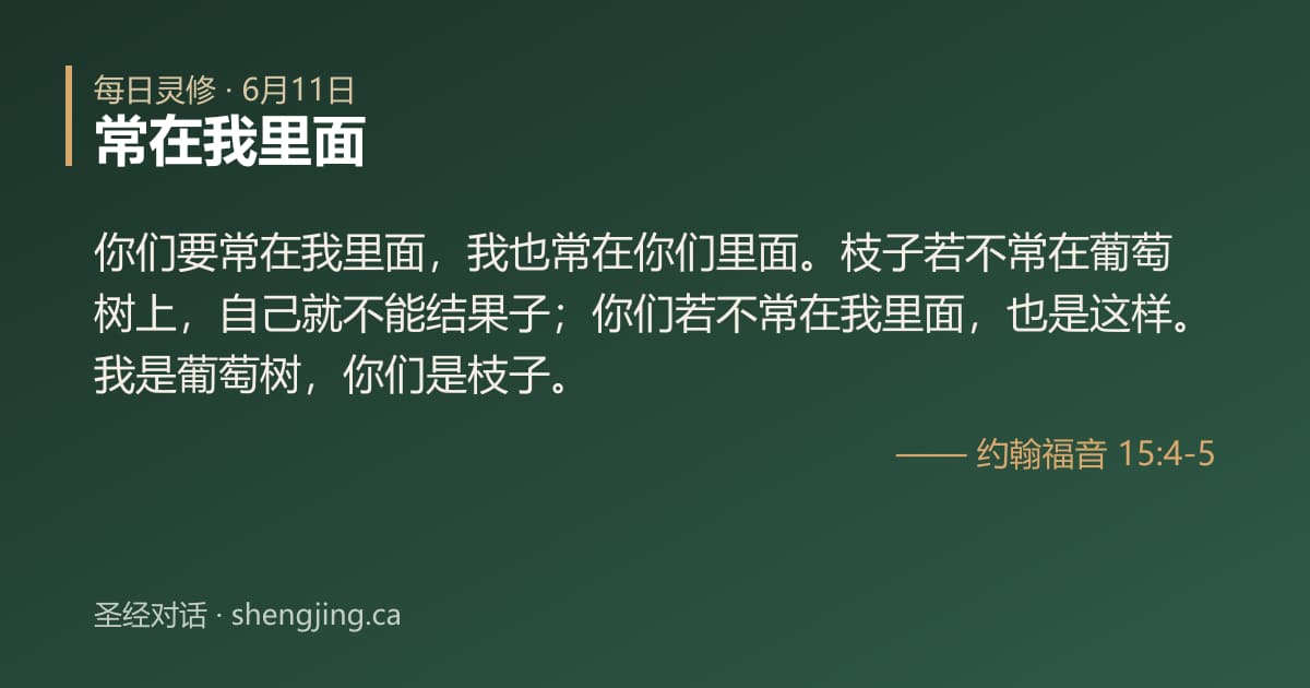 6月11日 每日灵修经文图片:常在我里面(约翰福音 15:4-5)