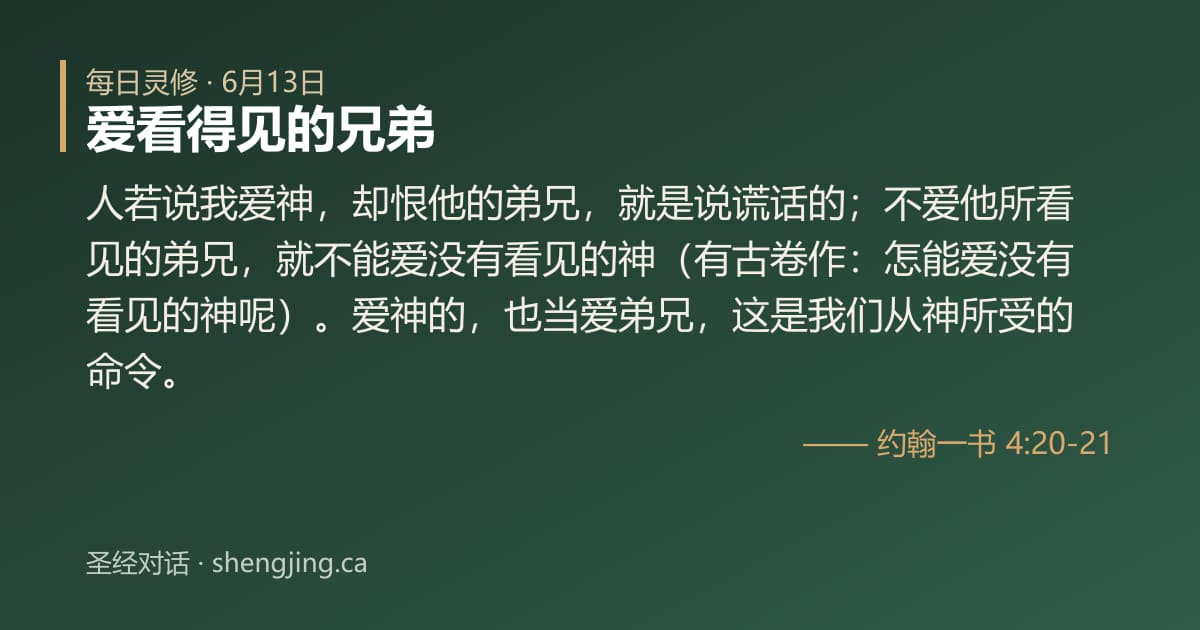 6月13日 每日灵修经文图片:爱看得见的兄弟(约翰一书 4:20-21)