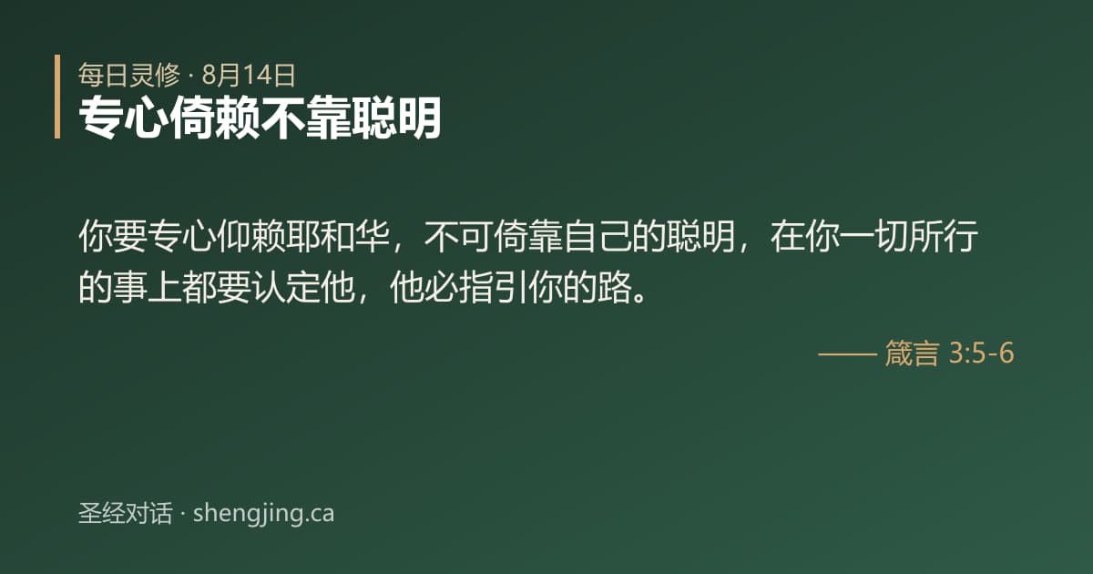 8月14日 每日灵修经文图片:专心倚赖不靠聪明(箴言 3:5-6)