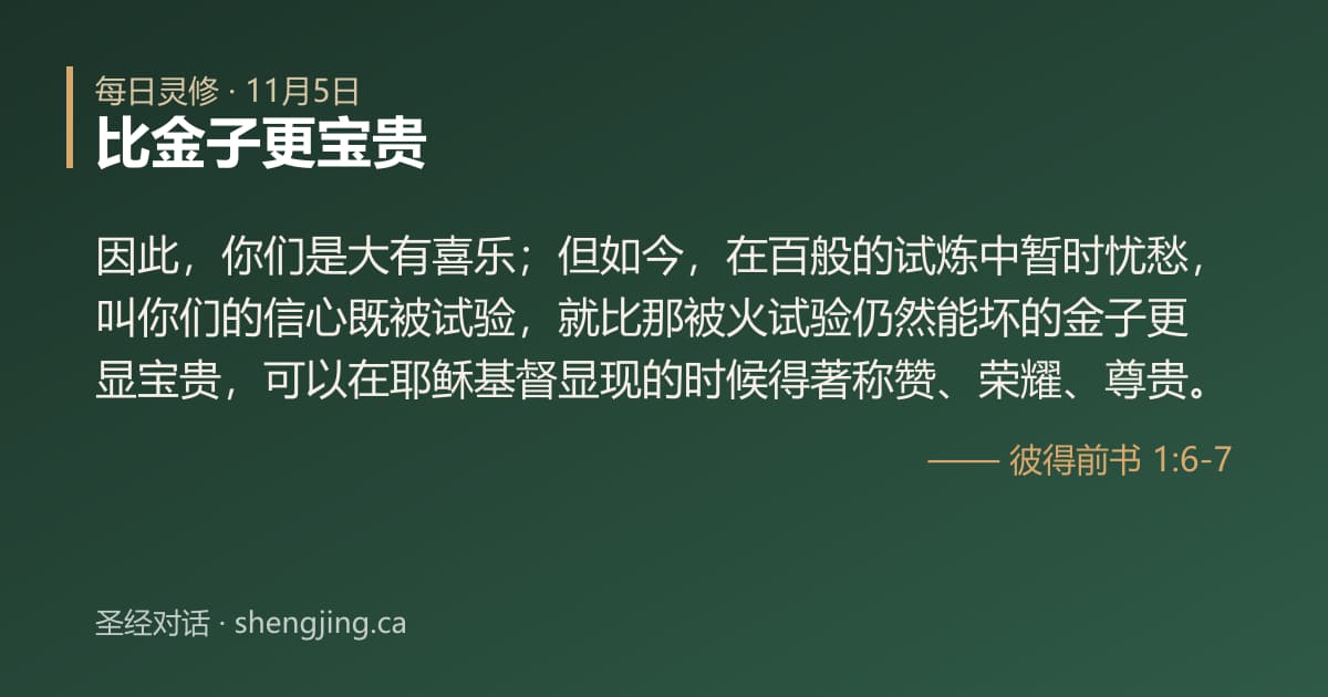 11月5日 每日灵修经文图片:比金子更宝贵(彼得前书 1:6-7)