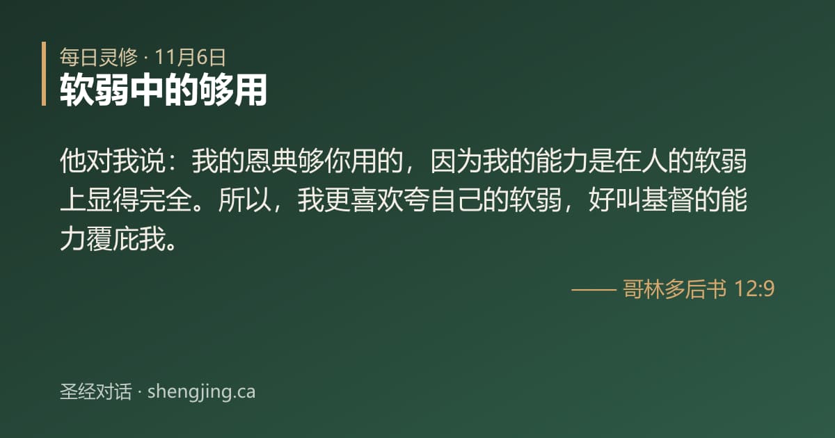 11月6日 每日灵修经文图片:软弱中的够用(哥林多后书 12:9)