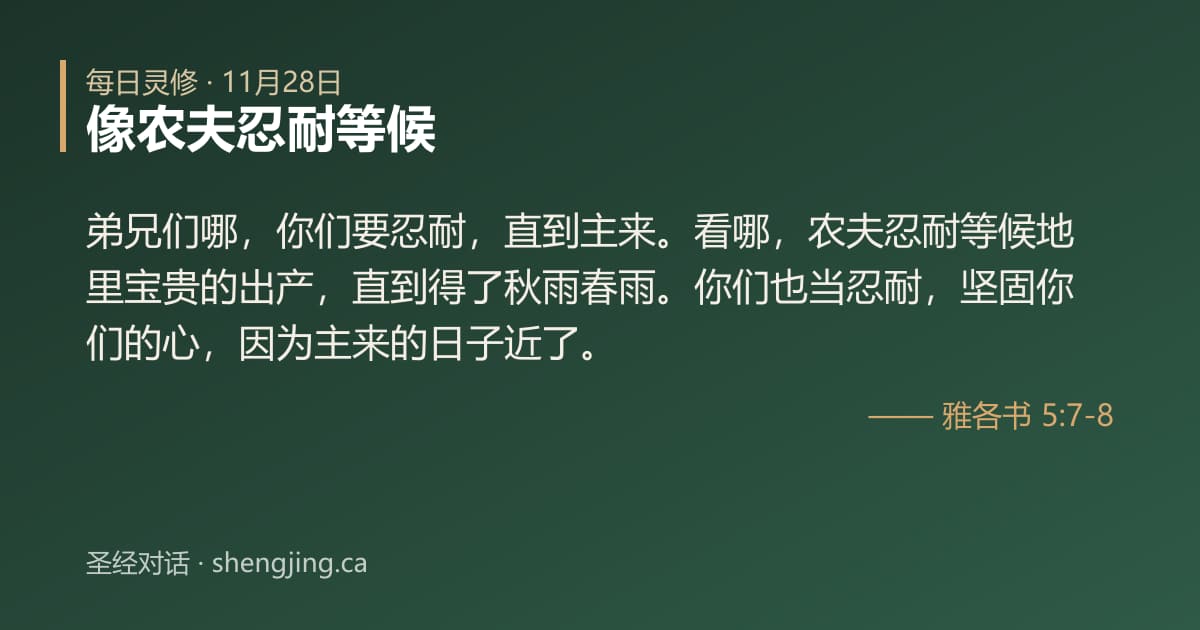 11月28日 每日灵修经文图片:像农夫忍耐等候(雅各书 5:7-8)