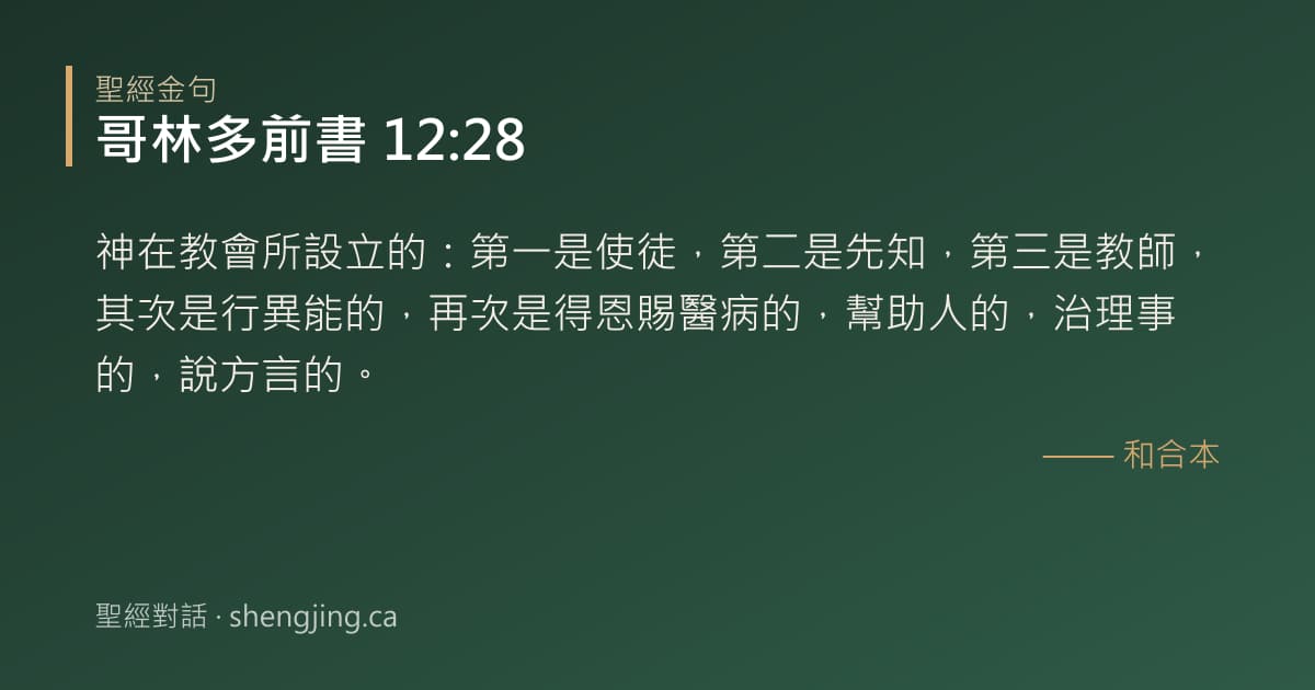哥林多前書 12:28 經文圖片:神在教會所設立的：第一是使徒，第二是先知，第三是教師，其次是行異能的，再次是得恩