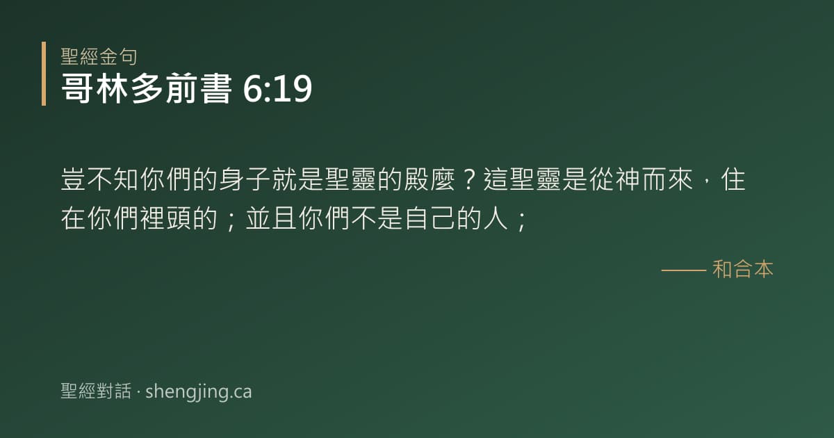 哥林多前書 6:19 經文圖片:豈不知你們的身子就是聖靈的殿麼？這聖靈是從神而來，住在你們裡頭的；並且你們不是自