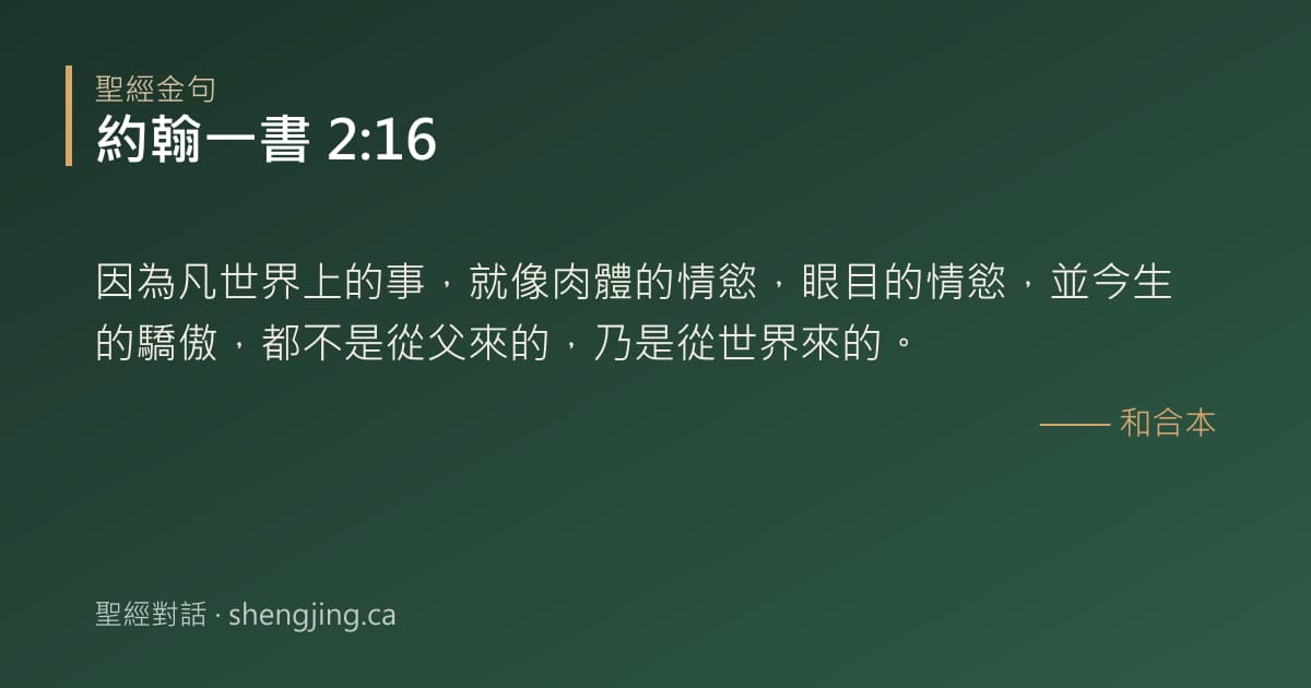 約翰一書 2:16 經文圖片:因為凡世界上的事，就像肉體的情慾，眼目的情慾，並今生的驕傲，都不是從父來的，乃是