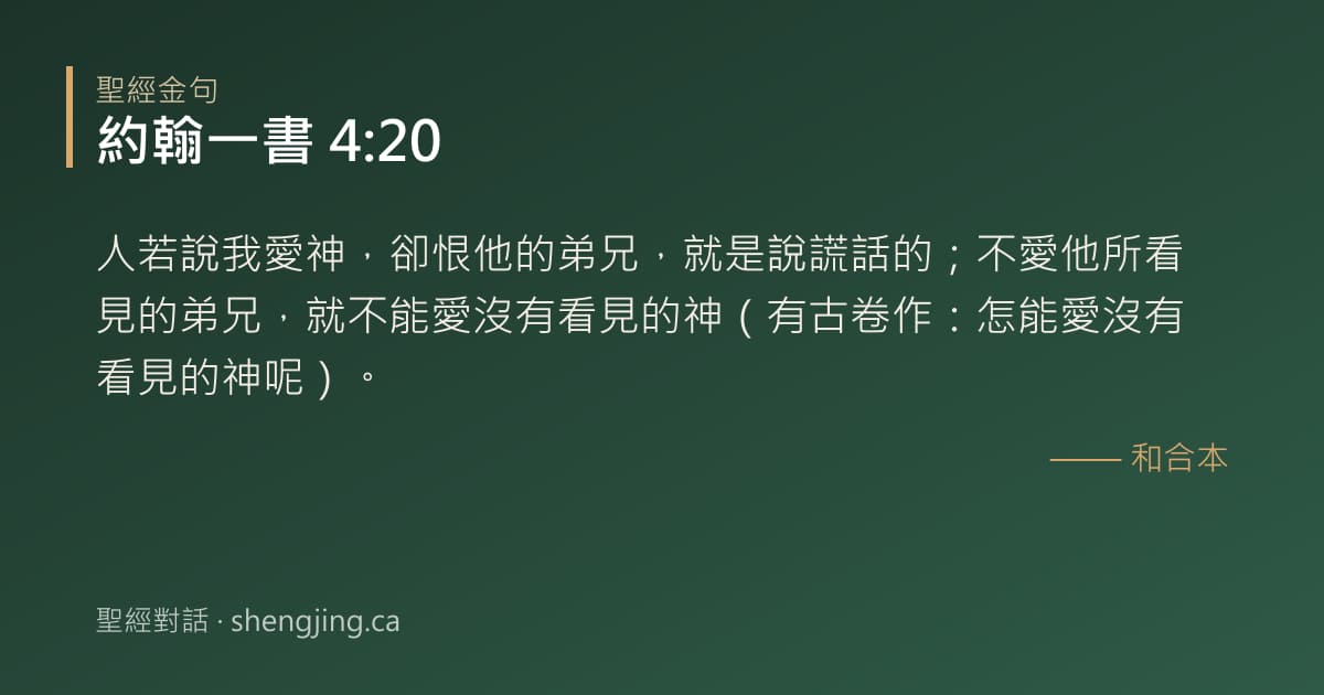 約翰一書 4:20 經文圖片:人若說我愛神，卻恨他的弟兄，就是說謊話的；不愛他所看見的弟兄，就不能愛沒有看見的