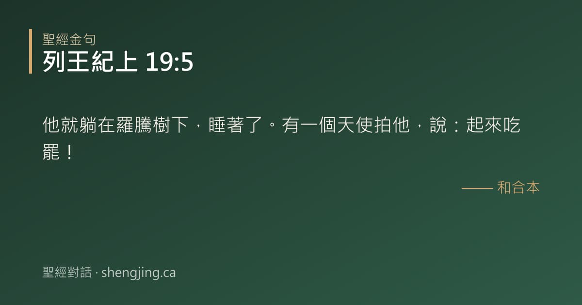 列王紀上 19:5 經文圖片:他就躺在羅騰樹下，睡著了。有一個天使拍他，說：起來吃罷！
