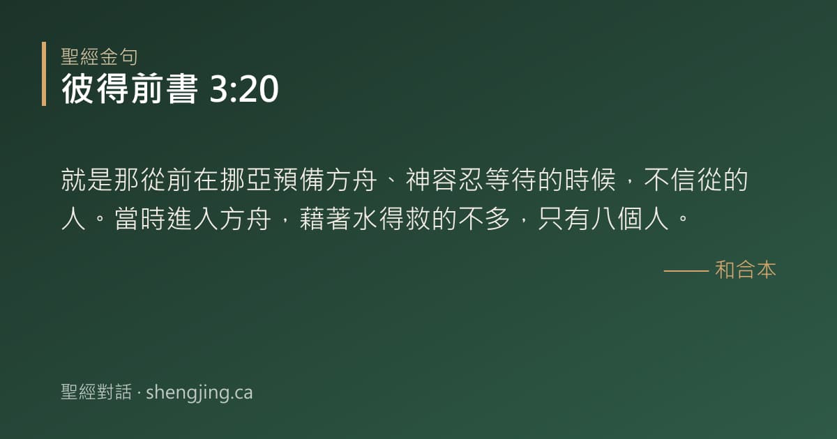 彼得前書 3:20 經文圖片:就是那從前在挪亞預備方舟、神容忍等待的時候，不信從的人。當時進入方舟，藉著水得救