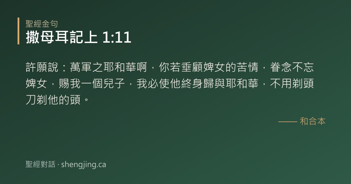 撒母耳記上 1:11 經文圖片:許願說：萬軍之耶和華啊，你若垂顧婢女的苦情，眷念不忘婢女，賜我一個兒子，我必使他