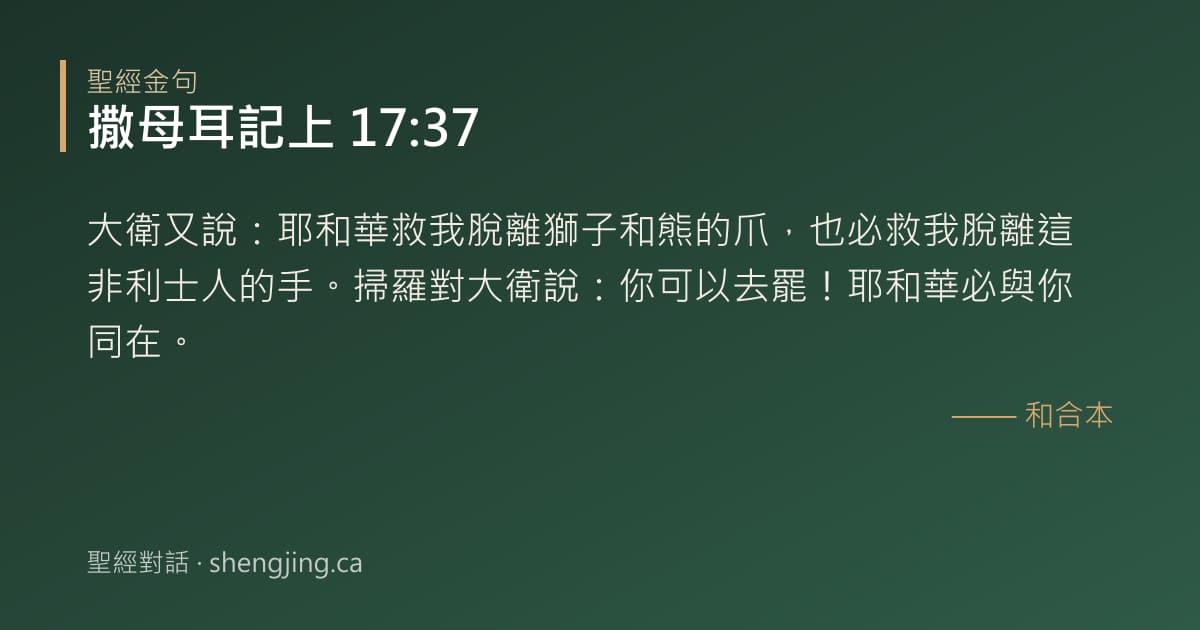 撒母耳記上 17:37 經文圖片:大衛又說：耶和華救我脫離獅子和熊的爪，也必救我脫離這非利士人的手。掃羅對大衛說：