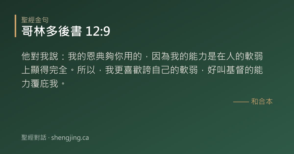 哥林多後書 12:9 經文圖片:他對我說：我的恩典夠你用的，因為我的能力是在人的軟弱上顯得完全。所以，我更喜歡誇