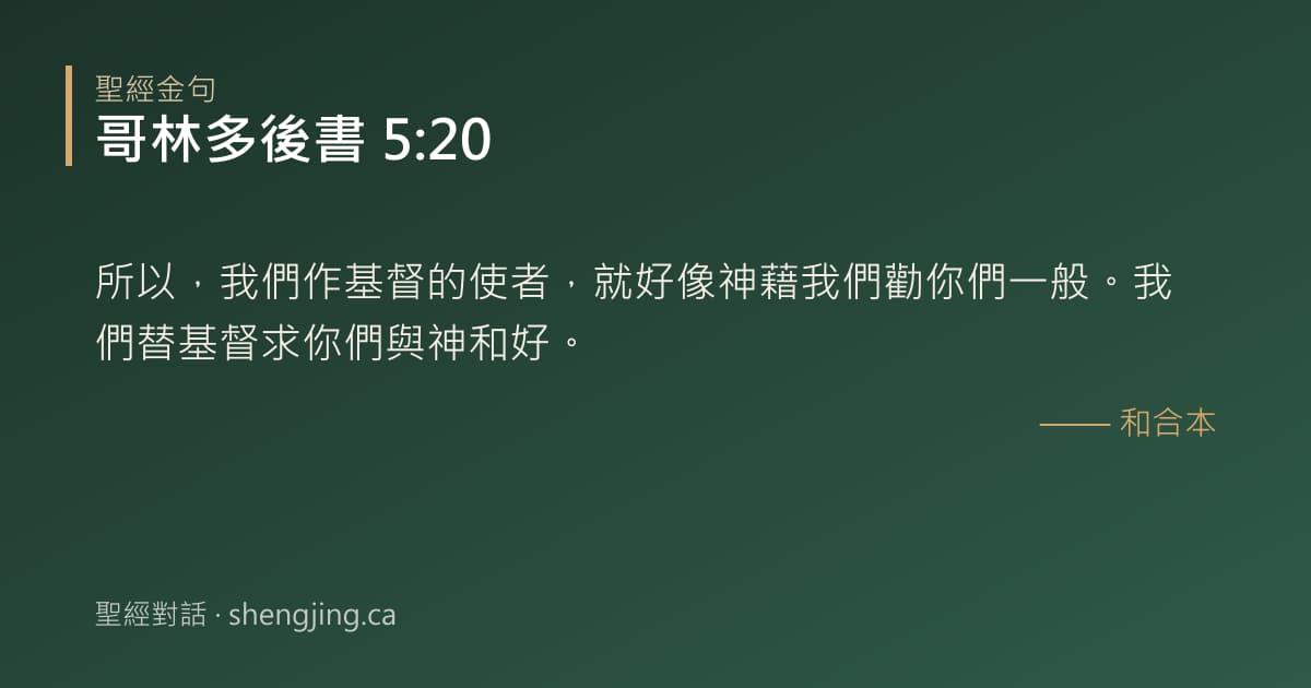 哥林多後書 5:20 經文圖片:所以，我們作基督的使者，就好像神藉我們勸你們一般。我們替基督求你們與神和好。