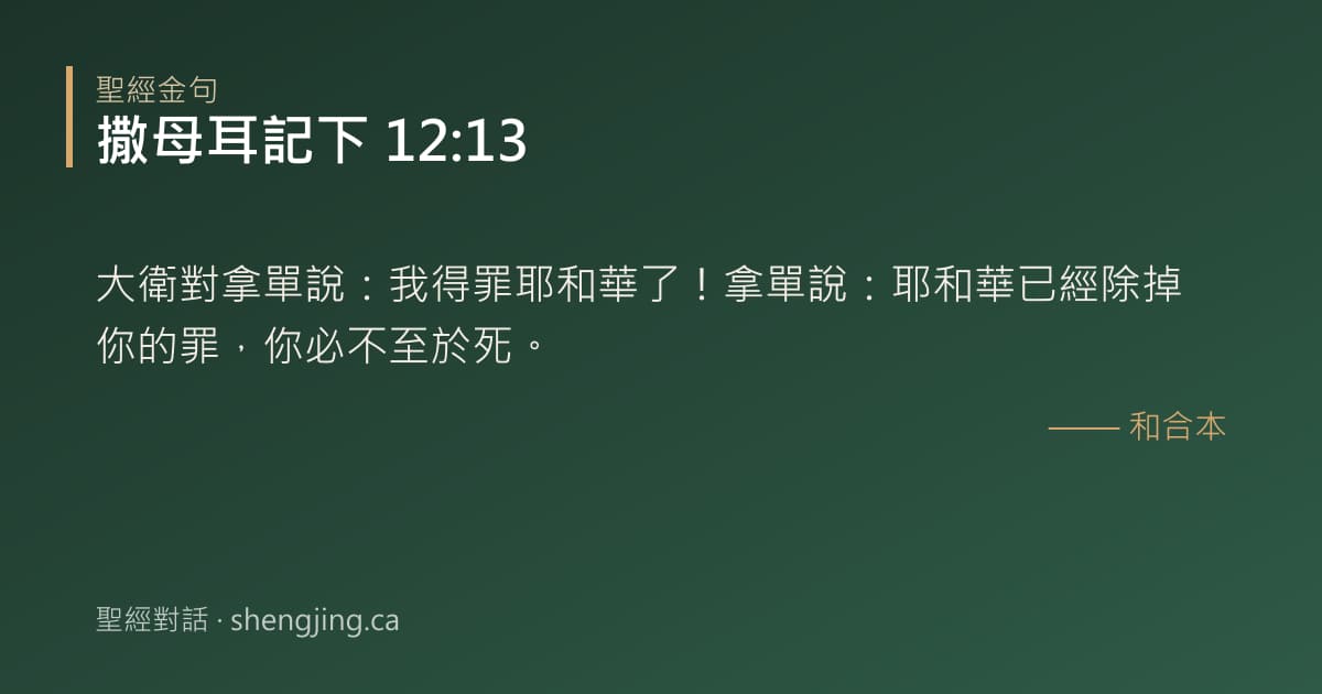 撒母耳記下 12:13 經文圖片:大衛對拿單說：我得罪耶和華了！拿單說：耶和華已經除掉你的罪，你必不至於死。