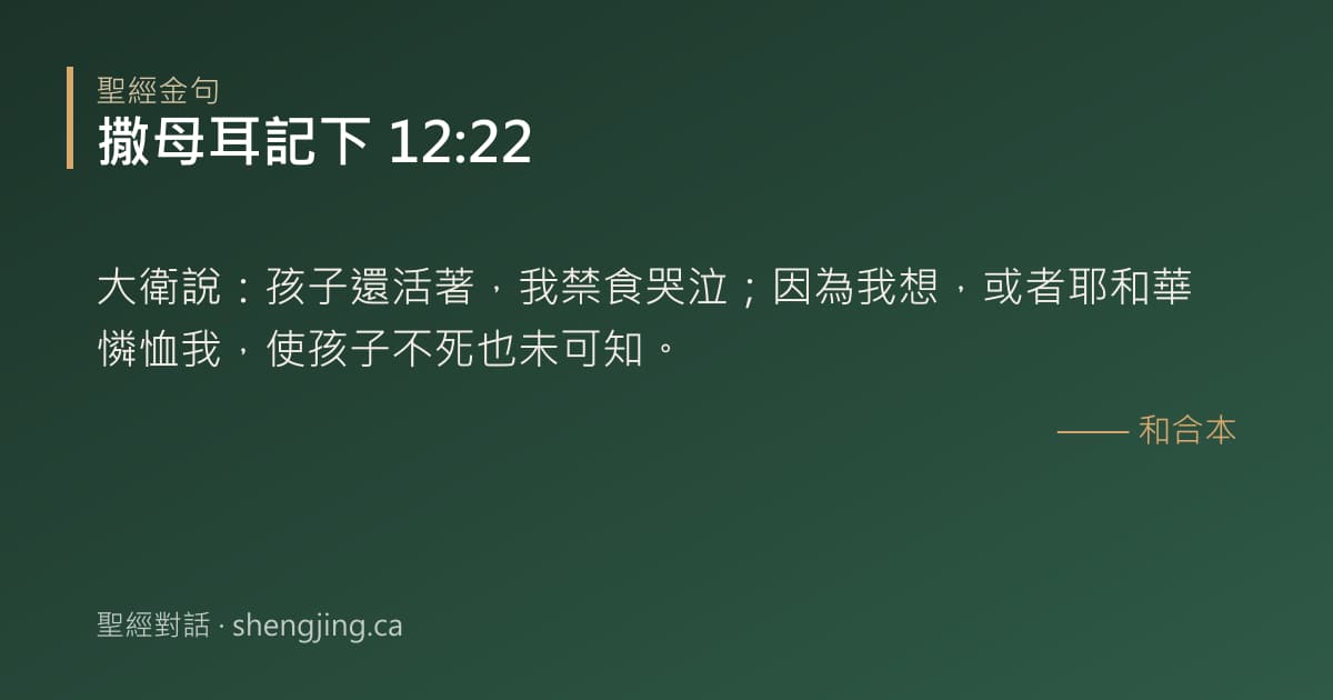 撒母耳記下 12:22 經文圖片:大衛說：孩子還活著，我禁食哭泣；因為我想，或者耶和華憐恤我，使孩子不死也未可知。