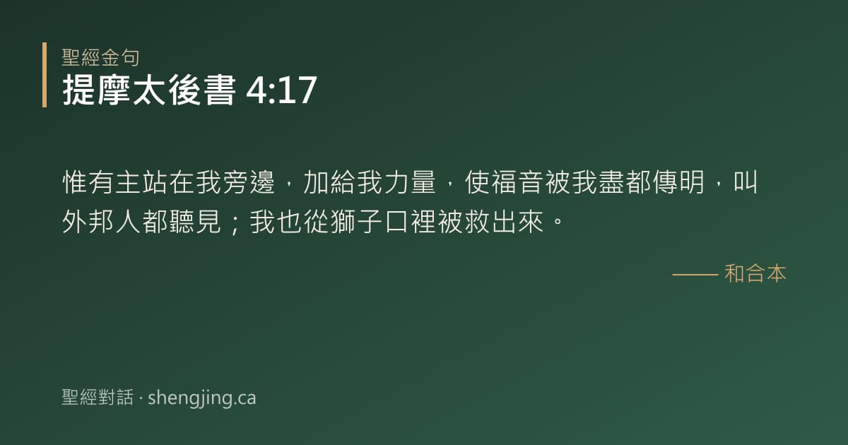 提摩太後書 4:17 經文圖片:惟有主站在我旁邊，加給我力量，使福音被我盡都傳明，叫外邦人都聽見；我也從獅子口裡