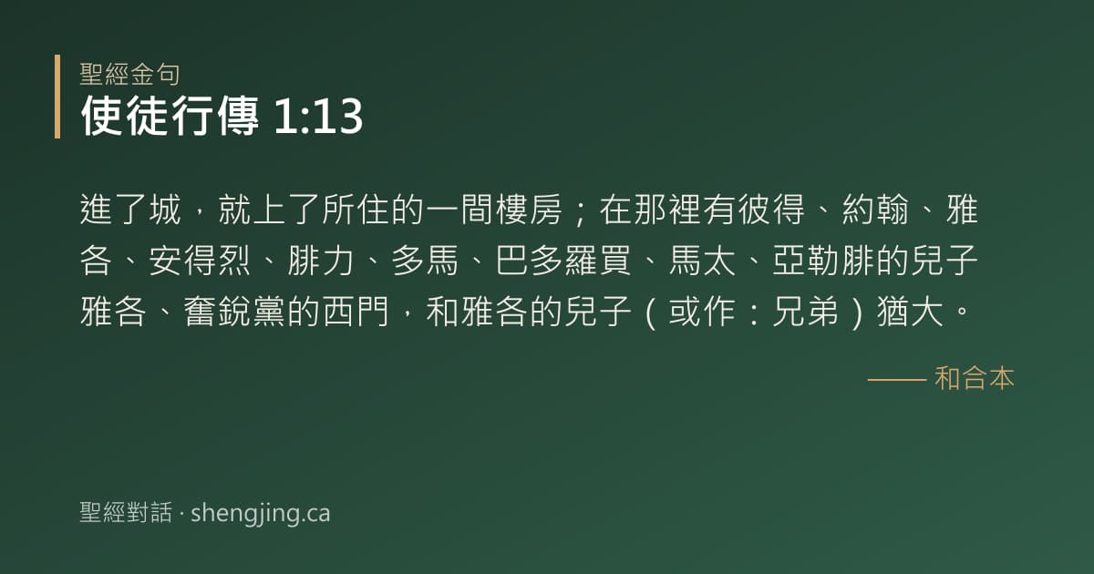 使徒行傳 1:13 經文圖片:進了城，就上了所住的一間樓房；在那裡有彼得、約翰、雅各、安得烈、腓力、多馬、巴多