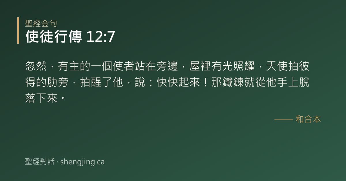 使徒行傳 12:7 經文圖片:忽然，有主的一個使者站在旁邊，屋裡有光照耀，天使拍彼得的肋旁，拍醒了他，說：快快