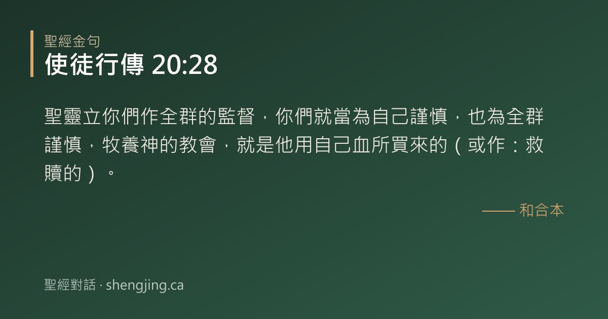 使徒行傳 20:28 經文圖片:聖靈立你們作全群的監督，你們就當為自己謹慎，也為全群謹慎，牧養神的教會，就是他用