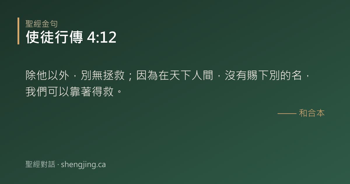 使徒行傳 4:12 經文圖片:除他以外，別無拯救；因為在天下人間，沒有賜下別的名，我們可以靠著得救。