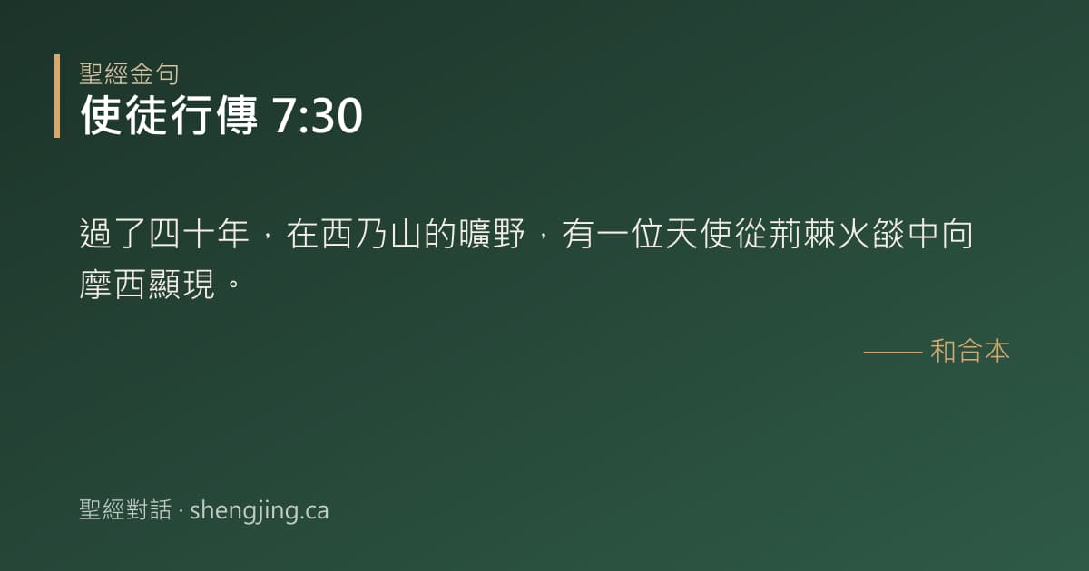 使徒行傳 7:30 經文圖片:過了四十年，在西乃山的曠野，有一位天使從荊棘火燄中向摩西顯現。