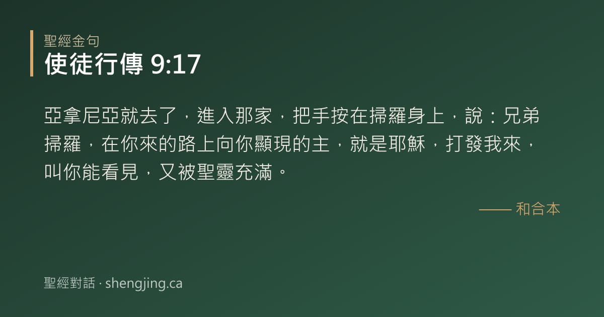 使徒行傳 9:17 經文圖片:亞拿尼亞就去了，進入那家，把手按在掃羅身上，說：兄弟掃羅，在你來的路上向你顯現的