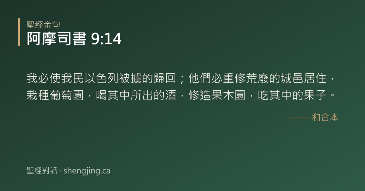 阿摩司書 9:14 經文圖片:我必使我民以色列被擄的歸回；他們必重修荒廢的城邑居住，栽種葡萄園，喝其中所出的酒