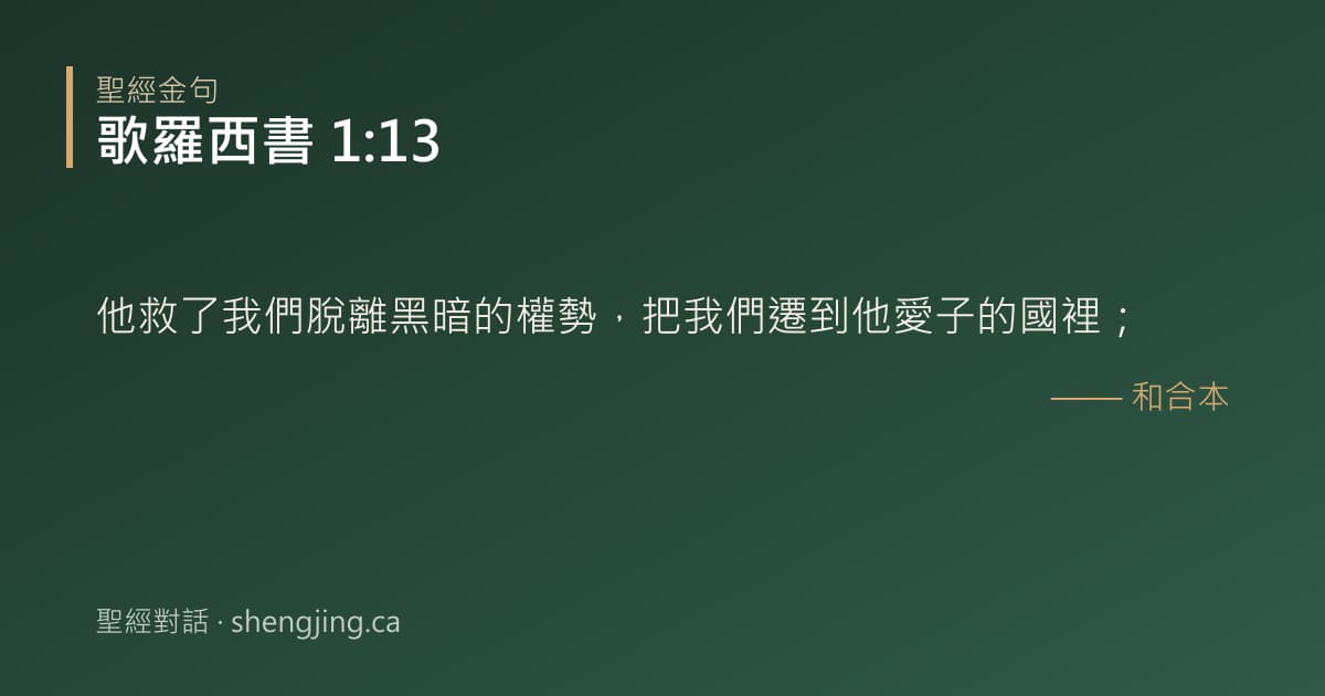 歌羅西書 1:13 經文圖片:他救了我們脫離黑暗的權勢，把我們遷到他愛子的國裡；