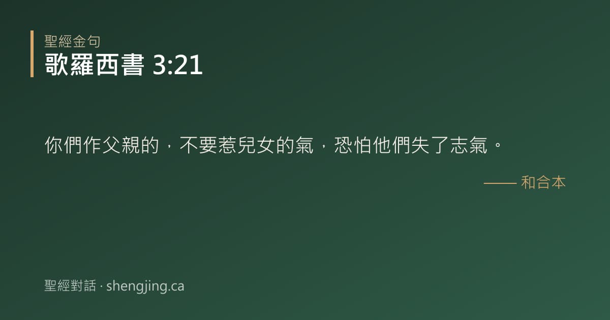 歌羅西書 3:21 經文圖片:你們作父親的，不要惹兒女的氣，恐怕他們失了志氣。