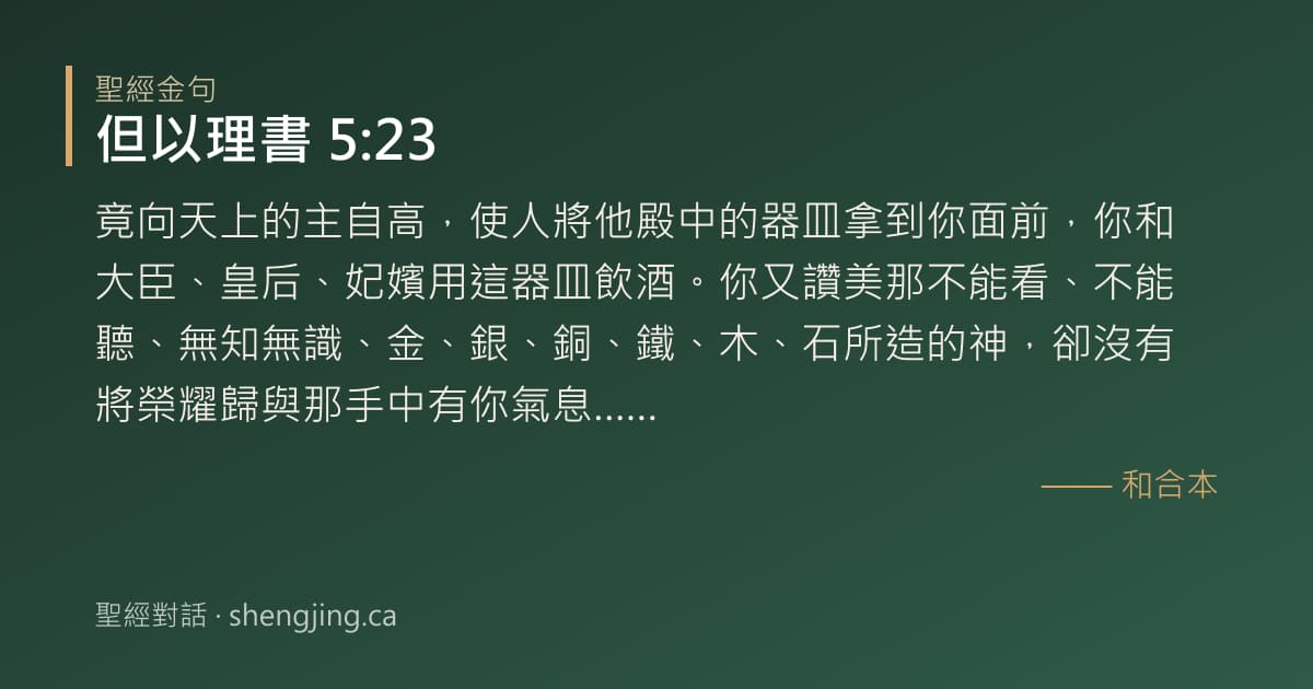 但以理書 5:23 經文圖片:竟向天上的主自高，使人將他殿中的器皿拿到你面前，你和大臣、皇后、妃嬪用這器皿飲酒