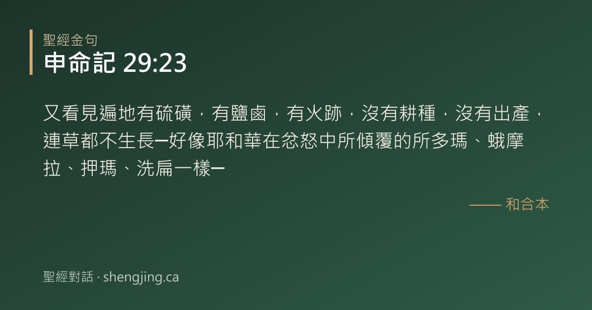 申命記 29:23 經文圖片:又看見遍地有硫磺，有鹽鹵，有火跡，沒有耕種，沒有出產，連草都不生長─好像耶和華在