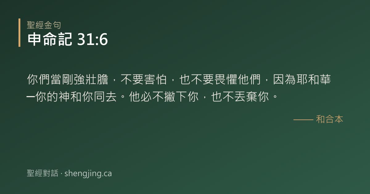 申命記 31:6 經文圖片:你們當剛強壯膽，不要害怕，也不要畏懼他們，因為耶和華─你的神和你同去。他必不撇下