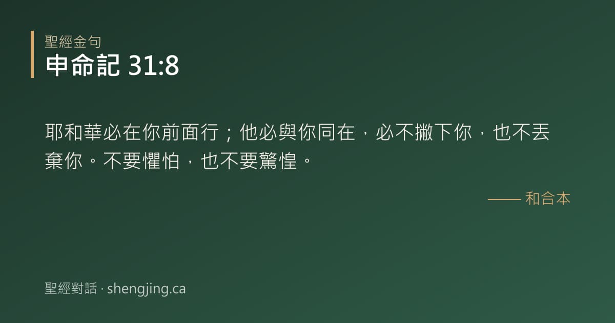 申命記 31:8 經文圖片:耶和華必在你前面行；他必與你同在，必不撇下你，也不丟棄你。不要懼怕，也不要驚惶。