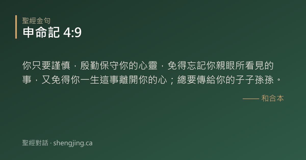 申命記 4:9 經文圖片:你只要謹慎，殷勤保守你的心靈，免得忘記你親眼所看見的事，又免得你一生這事離開你的
