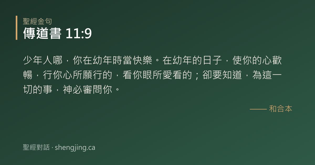 傳道書 11:9 經文圖片:少年人哪，你在幼年時當快樂。在幼年的日子，使你的心歡暢，行你心所願行的，看你眼所