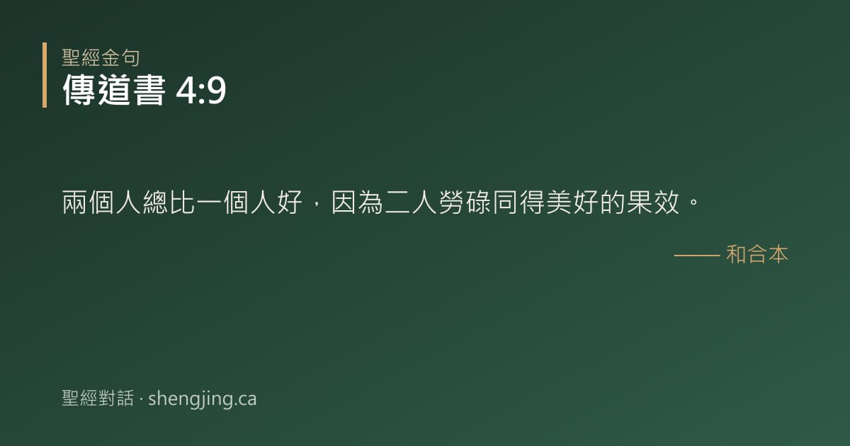 傳道書 4:9 經文圖片:兩個人總比一個人好，因為二人勞碌同得美好的果效。